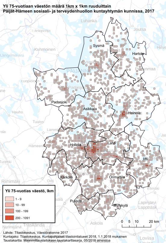 15 on kuvattu, missä 65-vuotiaat, 75-vuotiaat ja 85-vuotiaat asuvat Päijät-