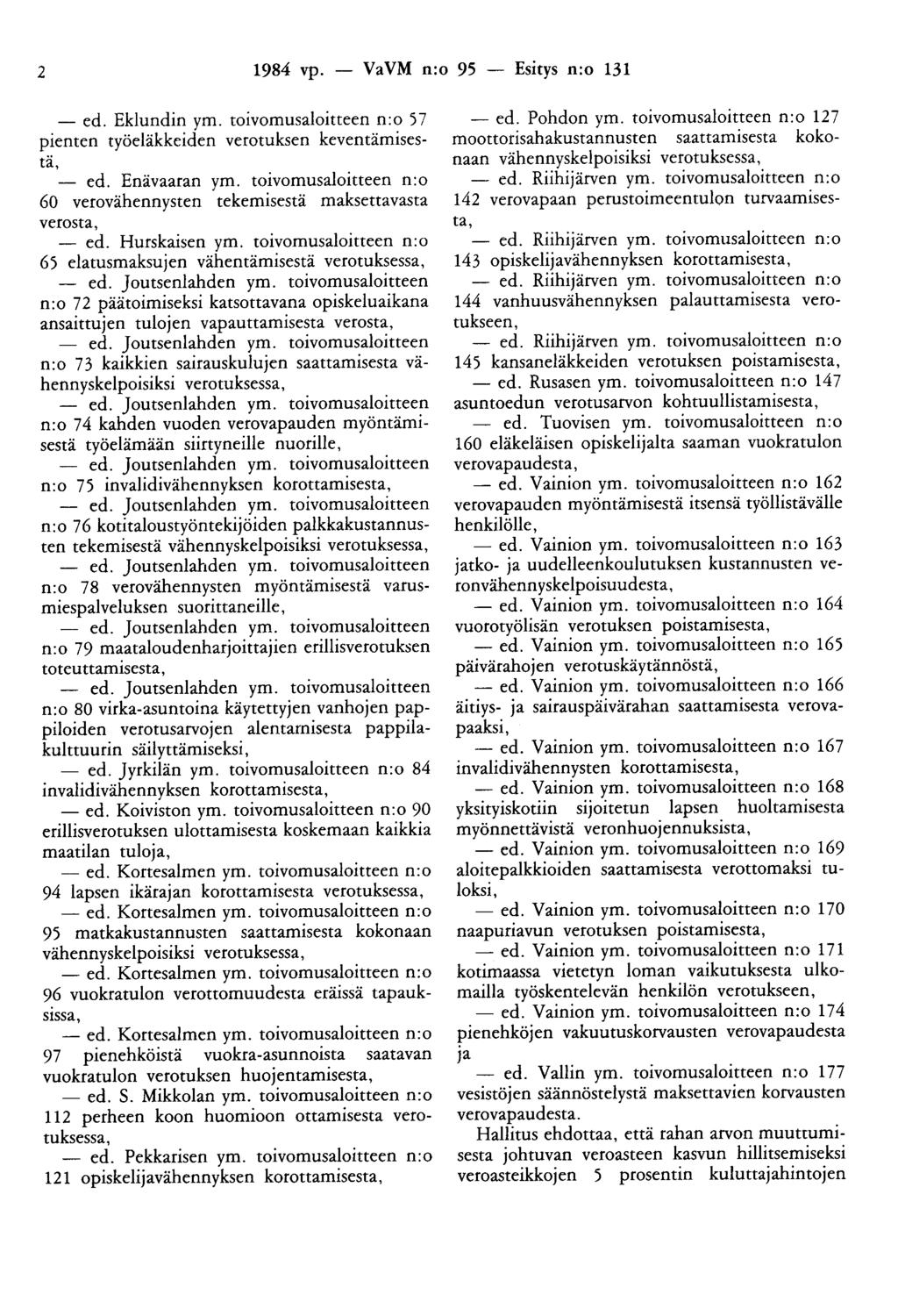 2 1984 vp. - VaVM n:o 95 - Esitys n:o 131 - ed. Eklundin ym. toivomusaloitteen n:o 57 pienten työeläkkeiden verotuksen keventämisestä, - ed. Enävaaran ym.