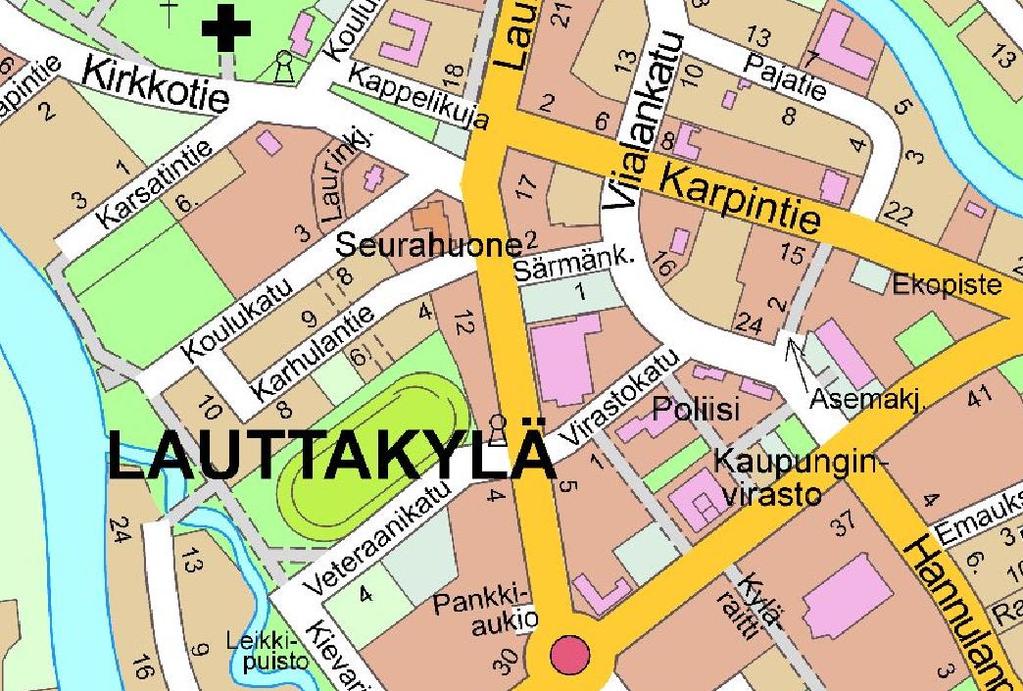 Kuva 1 - Alustavat aluerajaukset v. 2017 opaskartalla Aloite: Vanhan alakoulun alue (Koulukatu) on Huittisten kaupungin asemakaavoitusohjelman 2018-2020 kohde nro 6.