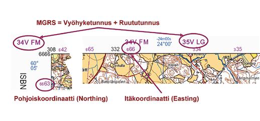 6 Toimintakykykoulutus 255 Koordinaattien mittaaminen kartalta Taktisella kartalla maantieteellinen koordinaatisto (WGS84) on esitetty sinisellä yhtenäiselläviivoituksella (esimerkiksi 24 00 ).