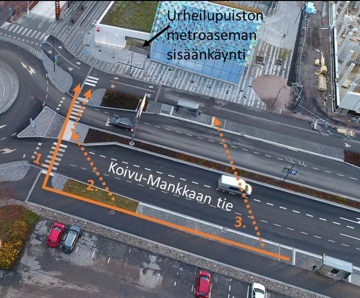 Urheilupuiston metroasema jälkeen-tilanteessa Urheilupuiston metroasema 1. Suojatien kautta ylittävien määrä 2. Osittain suojatien kautta ylittävien määrä 3.