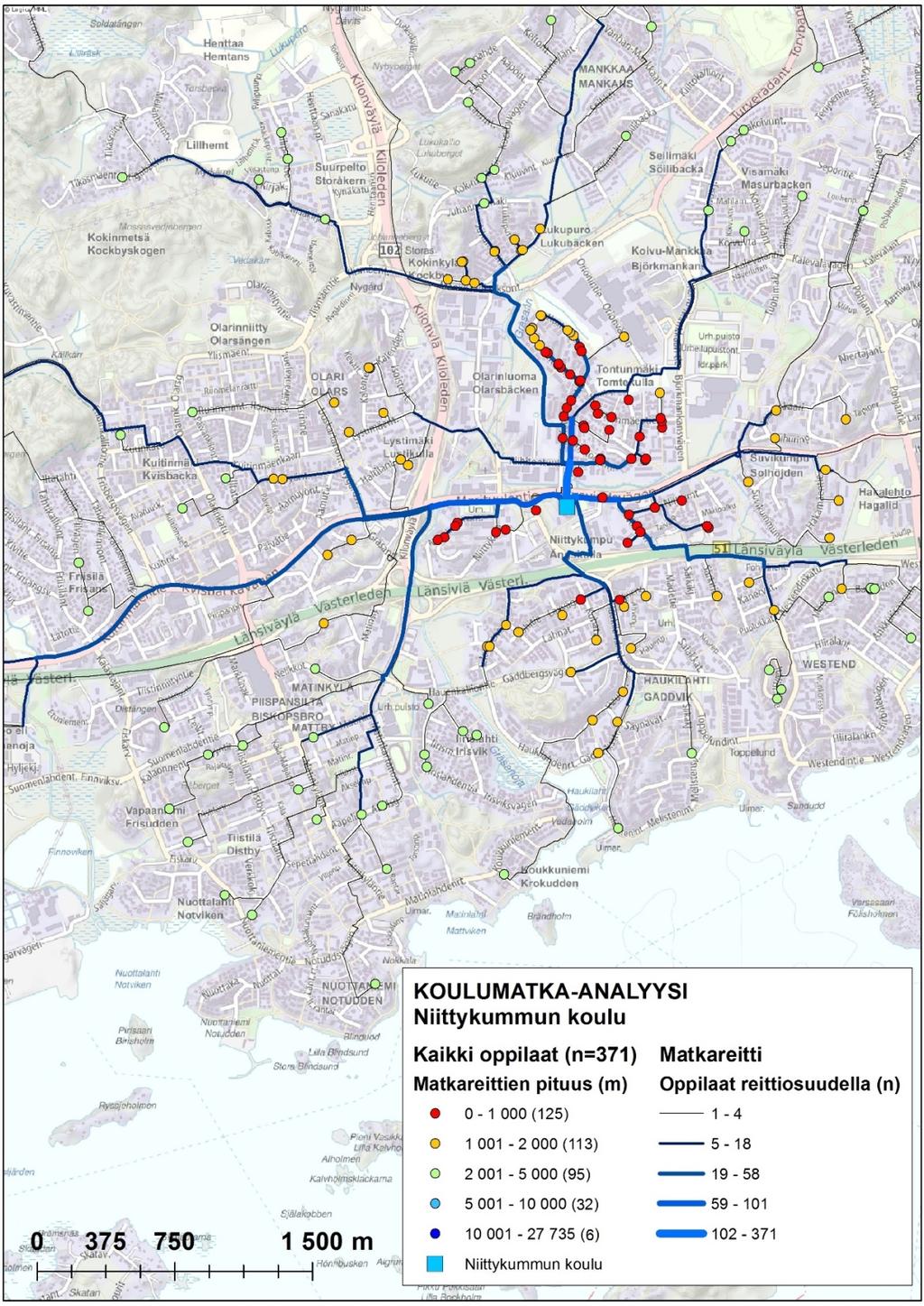 Niittykummun koulun reittien paikkatietoanalyysi Niittykummun koulun oppilaiden koulureittien sijoittuminen tie- ja katuverkolle, lähtötietona oppilaiden osoitetiedot.