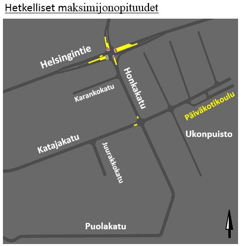 42/53 kääntyvien kaistan maksimijonopituus on 9 ajoneuvoa. Kourulan katuverkolla ei tapahdu merkittävää jonoutumista.