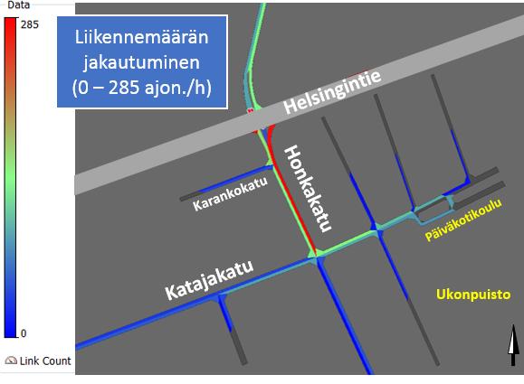 Liikenteen kasvun suurin vaikutus palvelutasoon on nähtävissä Helsingintien liittymässä idän ja Honkakadun tulosuunnissa sekä jonoutumisen myötä läheisellä