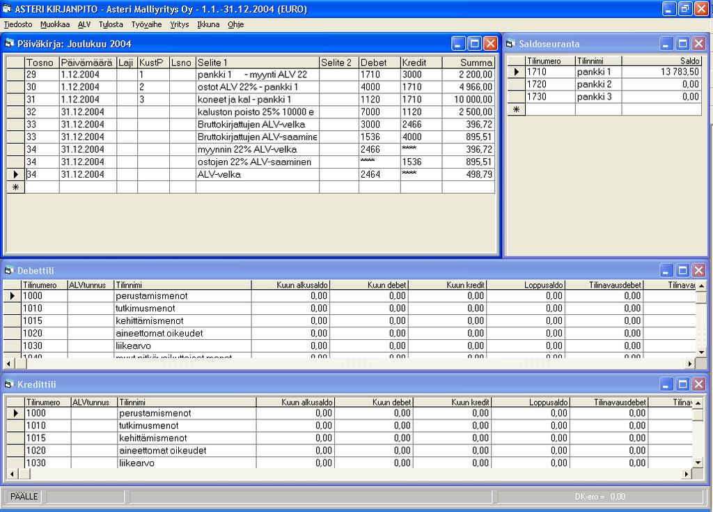 TOSITTEIDEN KIRJAUSTILA Tositteiden kirjaustila sisältää ohjelmiston pääikkunan ja sen sisällä useita työikkunoita: mm. päiväkirja, debettili, kredittili ja saldoseuranta.