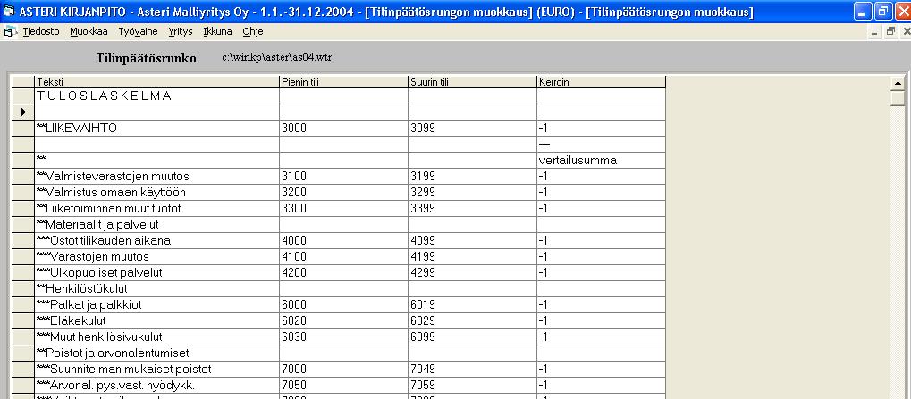 TILINPÄÄTÖSRUNKO Valinnalla Työvaihe Tilinpäätösrungon muokkaus pääset muokkaamaan tilinpäätösrunkoa. Tilinpäätösrunko ohjaa mihin kohtaan tasetta ja tuloslaskelmaa minkin tilin saldo tulostuu.