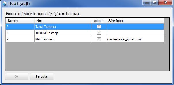 Lisää käyttäjä-ikkunassa voit järjestää tietoja haluamasi sarakkeen mukaisesti klikkaamalla kyseisen sarakkeen otsikkoa (Numero tai Nimi).