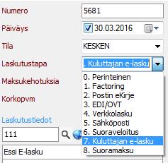 2.6 Laskun tiedot Laskun otsikkotiedoissa Laskutus/myyntireskontra-ohjelmassa on mahdollista asettaa laskutustapa asiakkaalta ehdottuvasta oletuksesta