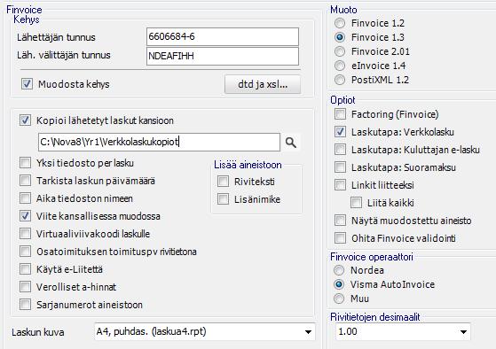 Muut Finvoice-määritykset. (uusi kuva) Tehdyt määritykset jäävät ohjelman muistiin.