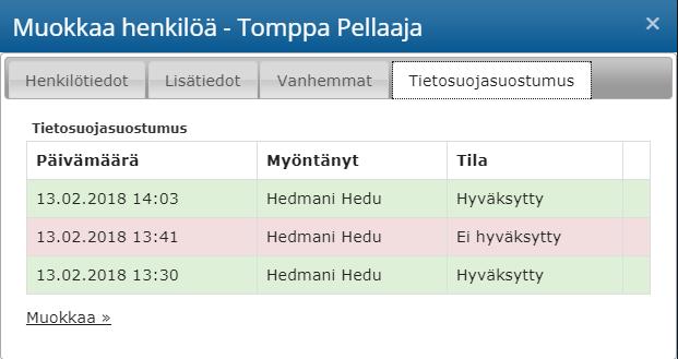 Tietosuojasuostumuksen tarkastelu Tietosuojasuostumuksen aikaleimat ja statukset