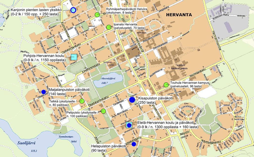 KAAKKO: Hervannan päiväkoti- ja kouluverkko 2025 Hervannan päiväkoti- ja koulu verkkoon liittyviä huomioita Omien kiinteistöjen määrää voidaan vähentää 14 6 Sekä päiväkotien että koulujen