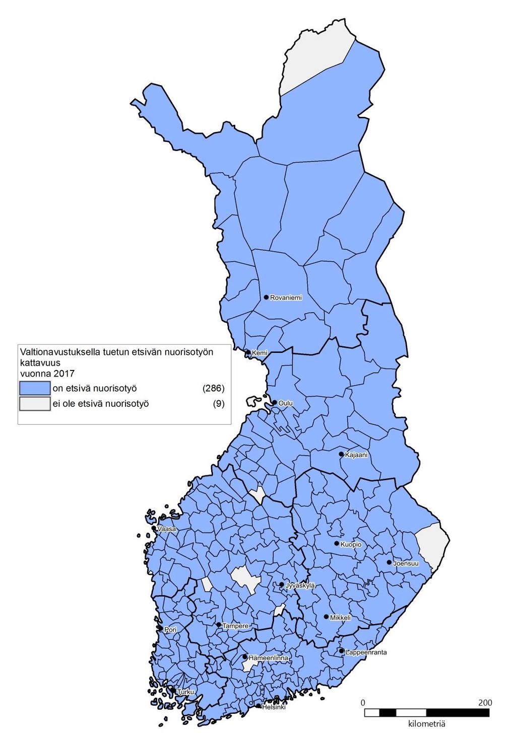 17.5.2018 Etsivä nuorisotyö 2017 - valtionavustuksella tuettua etsivää nuorisotyötä vuonna 2017 on 286 kunnassa.