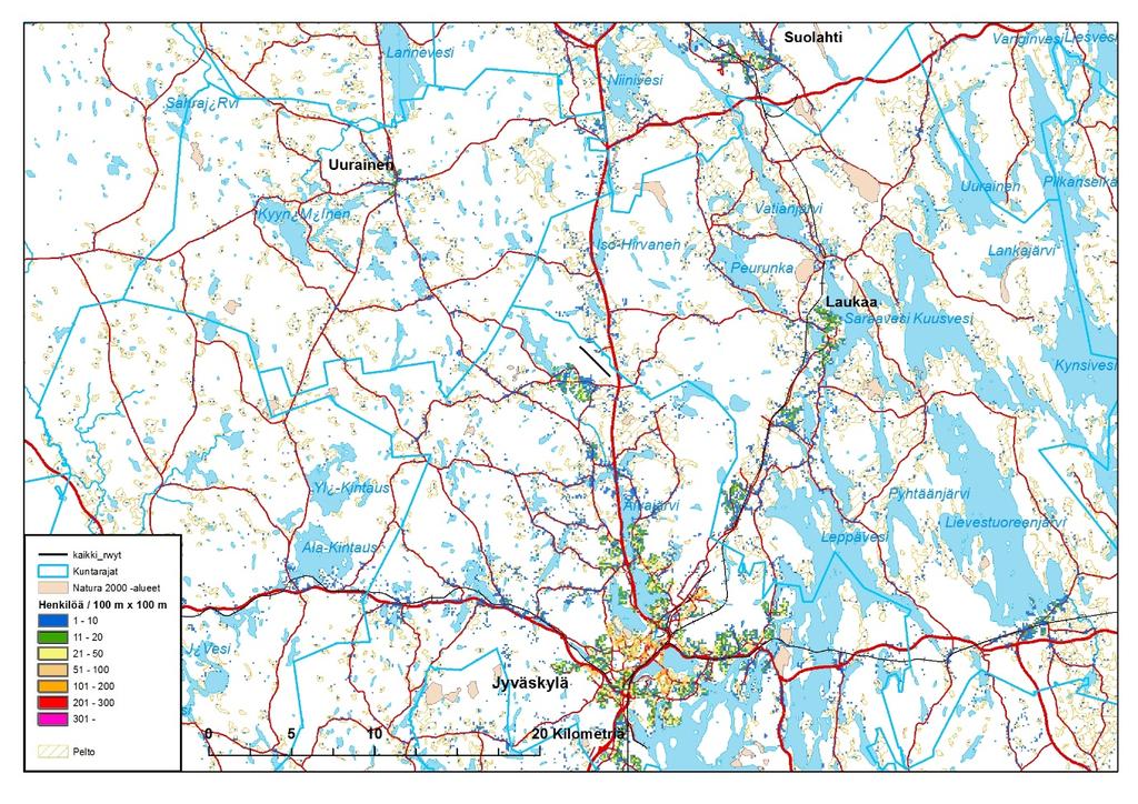 Jyväskylän lentoaseman läheisyydessä sijaitsevat Natura 2000 -alueet. Kuva 3.