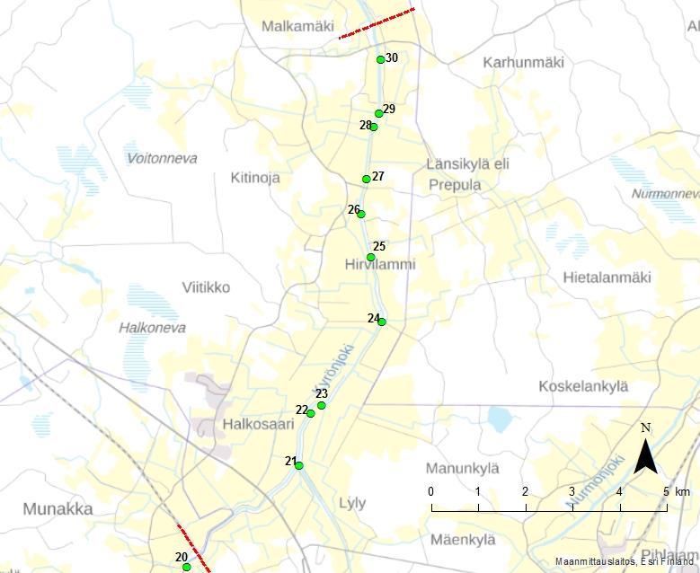 sijaitsevat kartoituslinjat vuosina 2009, 2012 ja 2016. Kuva 4.3.