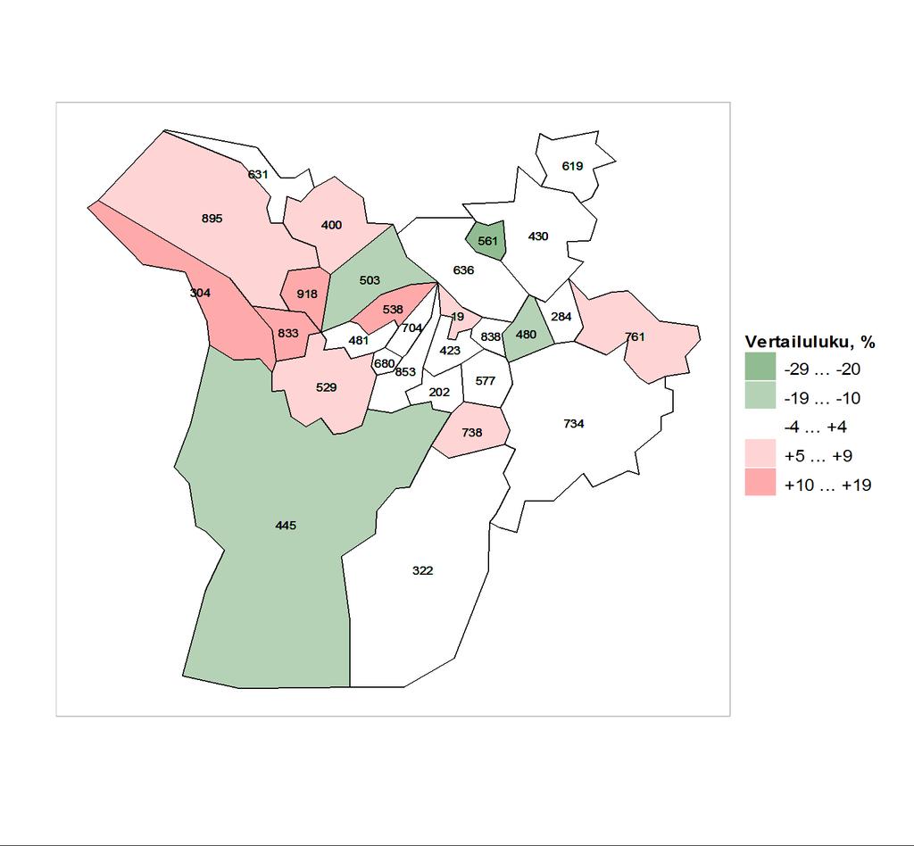 Kartta 1. Vertailutieto koko maan tilanteeseen nähden vammojen ja myrkytysten aiheuttamien hoitojaksojen osalta alueen kunnissa vuosina 2007-2011.