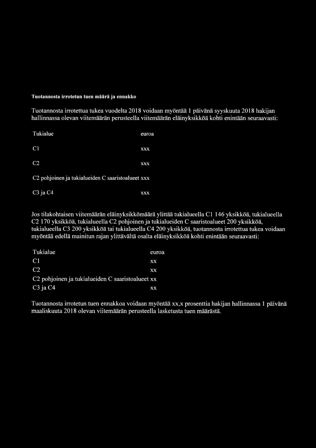 tukialueella Cl 146 yksikköä, tukialueella C2 170 yksikköä, tukialueella C2 pohjoinen ja tukialueiden C saaristoalueet 200 yksikköä, tukialueella C3 200 yksikköä tai tukialueella C4 200 yksikköä,