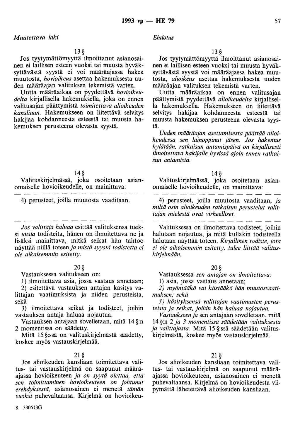 1993 vp - HE 79 57 Muutettava laki 13 Jos tyytymättömyyttä ilmoittanut asianosainen ei laillisen esteen vuoksi tai muusta hyväksyttävästä syystä ei voi määräajassa hakea muutosta, hovioikeus asettaa