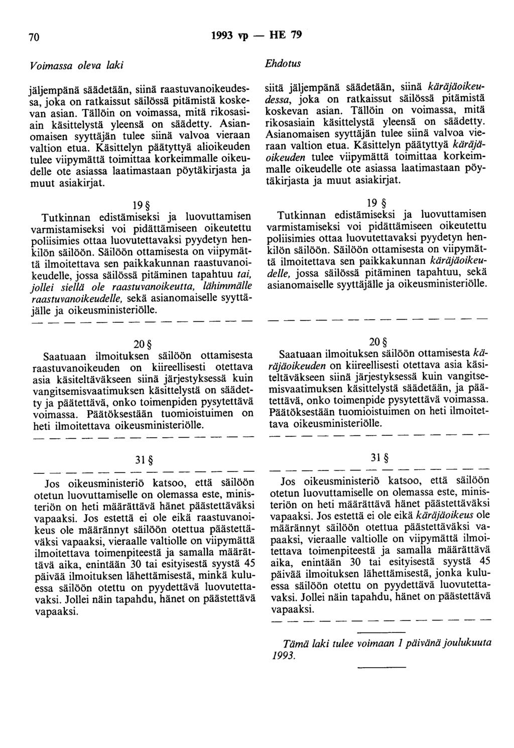 70 1993 vp - HE 79 Voimassa oleva laki jäljempänä säädetään, siinä raastuvanoikeudessa, joka on ratkaissut säilössä pitämistä koskevan asian.