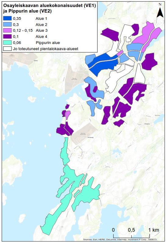 Vaihtoehtojen maankäytölliset erot Vaihtoehto 2 (VE2) poikkeaa vaihtoehdosta 1 (VE1) kaava-alueen eteläosassa