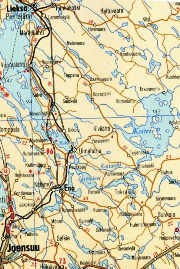 Lähde: Autolijan tiekartta 1939 Olympialaisia varten, Mobilian arkisto. Vielä vuonna 1963 Ahvenisen kautta kulkeva tie on pääväylä Lieksaan.