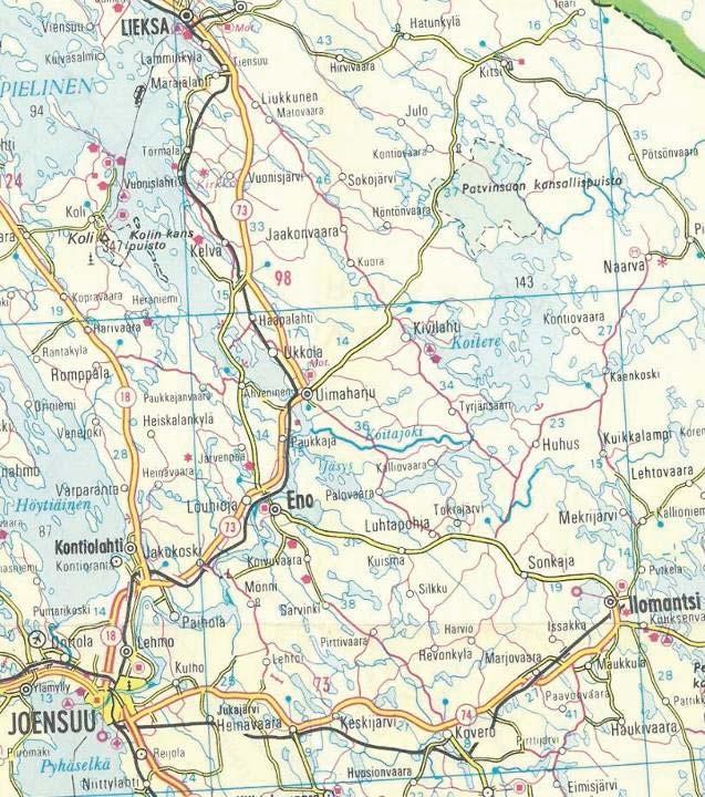 Lähde: Autoilijan tiekartta 1963, Mobilian arkisto. Valtatieuudistuksessa vuonna 1938 valtatieksi nimettiin Joensuun ja Nurmeksen välinen tie eli Pielisjoen länsirannan tie.