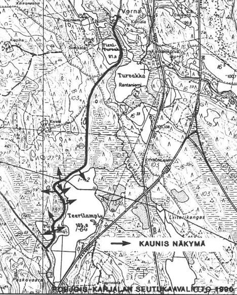 Paikoin alavissa notkelmissa kasvaa rehevä koivikko, mutta suurin osa matkasta kuluu komean männikön keskellä -latvoja katsellen, sillä niin korkealla harjun laki on, että rinteen alareunan