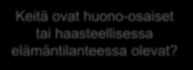 Haasteena köyhyys ja huono-osaisuus Huono-osaisuus on ilmiö, joka ei tunne hallinnollisia rajoja ja on usein luonteeltaan hitaasti kehittyvä ja pitkäkestoinen. Huono-osaisuus näyttäytyy mm.