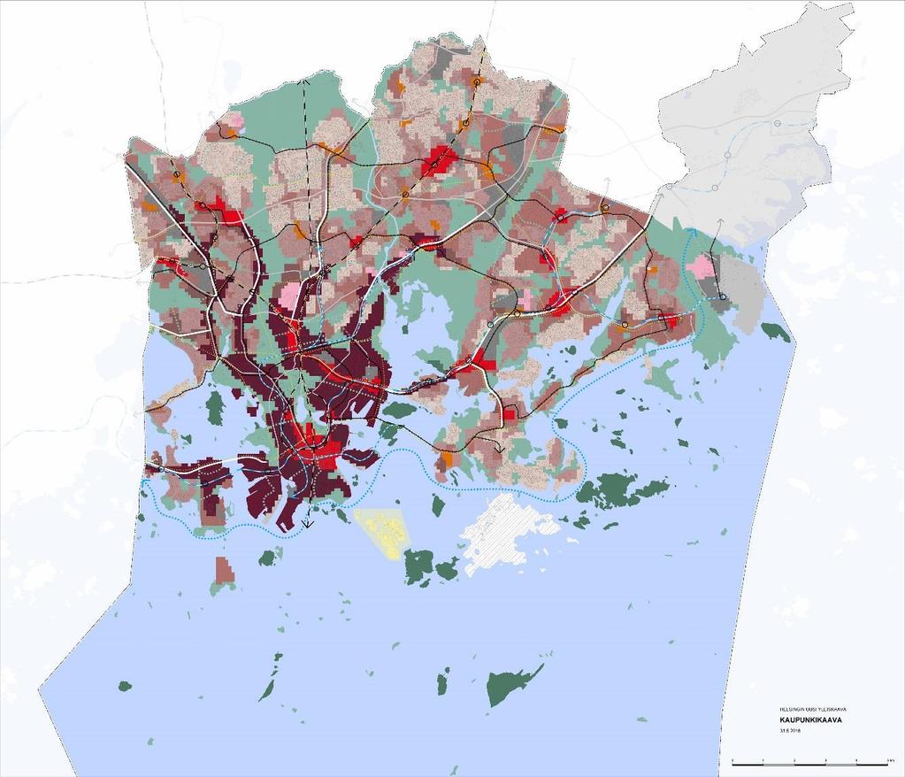 Koko Helsingin alue, lukuunottamatta Östersundomia. Yleiskaavakartalla esitetään kunkin alueen pääkäyttötarkoitusta kuvaava merkintä. Esitystapa korostaa kaavan yleispiirteisyyttä.