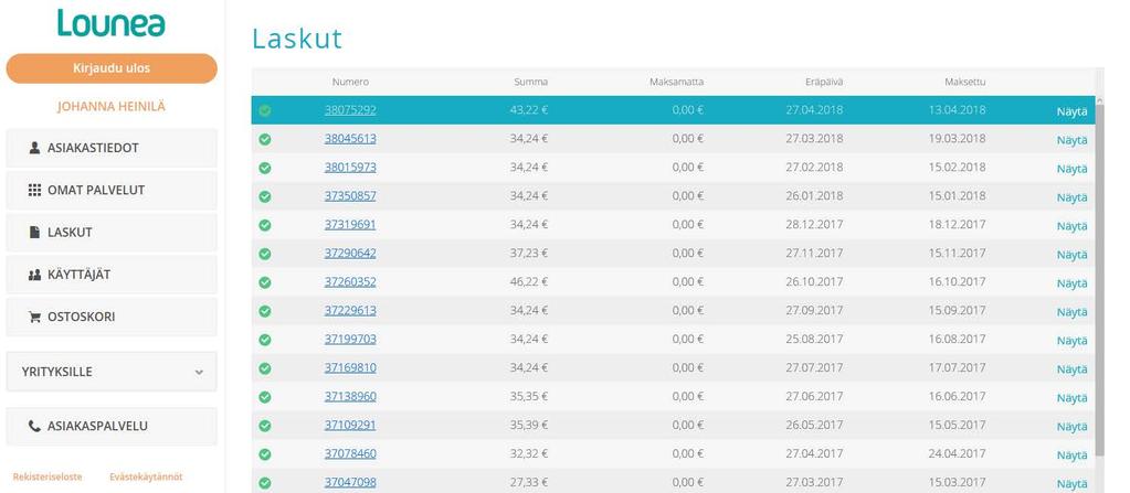 OmaLounea Laskut LASKUT-näkymässä voit tarkastella omia palvelulaskujasi Näet laskun tietoja: Laskunumero, Summa,