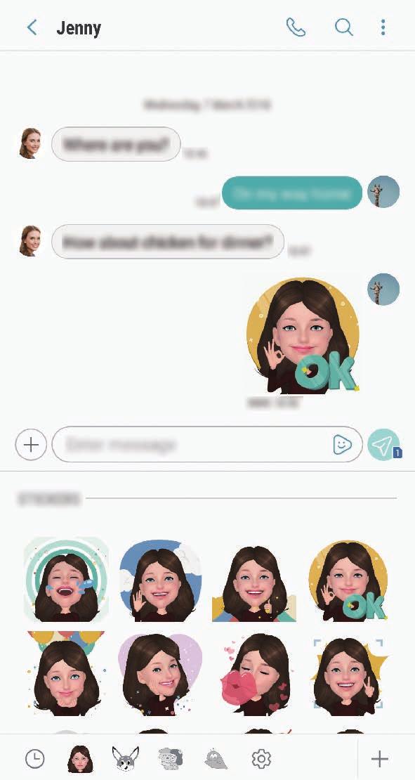 Sovellukset ja ominaisuudet Oma emoji -tarrojen lähettäminen Voit lähettää viesteissä Oma emoji -tarroja, jotka näyttävät sinulta.