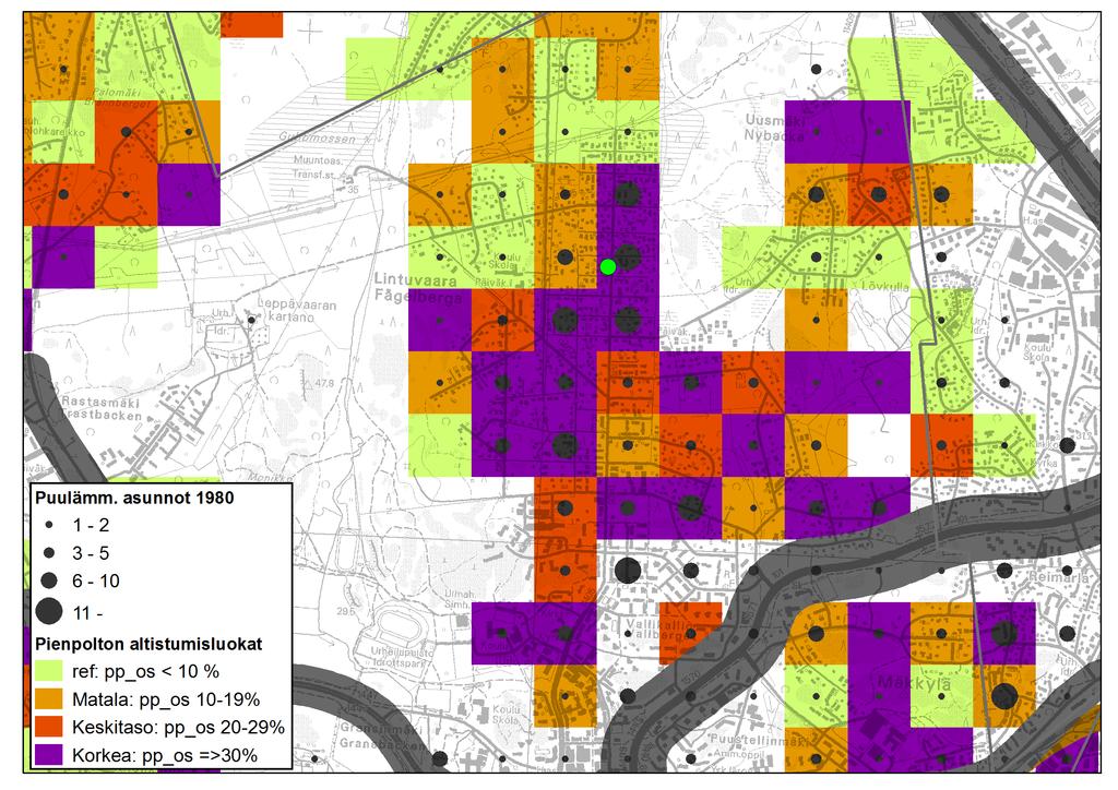 LINTUVAARA: Altistumisluokat ja puu/hiililämmitteisten asuntojen määrä 1980 Puu/hiili