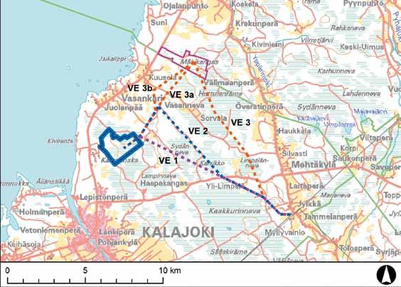 Jokelan tuulipuiston voimajohdon alustavat reittivaihtoehdot. Vaihtoehdot 3a ja 3b kulkevat Mäkikankaan tuulipuistoalueen kautta.