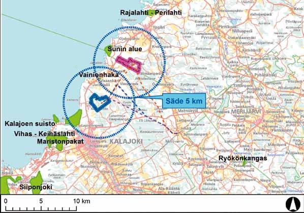 Mäkikankaan (pohjoisempi punainen aluerajaus) tuulipuistoalueiden läheisyydessä (Valtion ympäristöhallinto