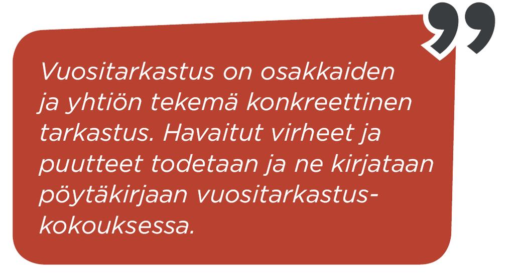 Vuositarkastus Myyjän eli rakennuttajan on järjestettävä vuositarkastuskokous, jossa todetaan asunnoissa ja kiinteistön muissa osissa ilmenneet virheet.