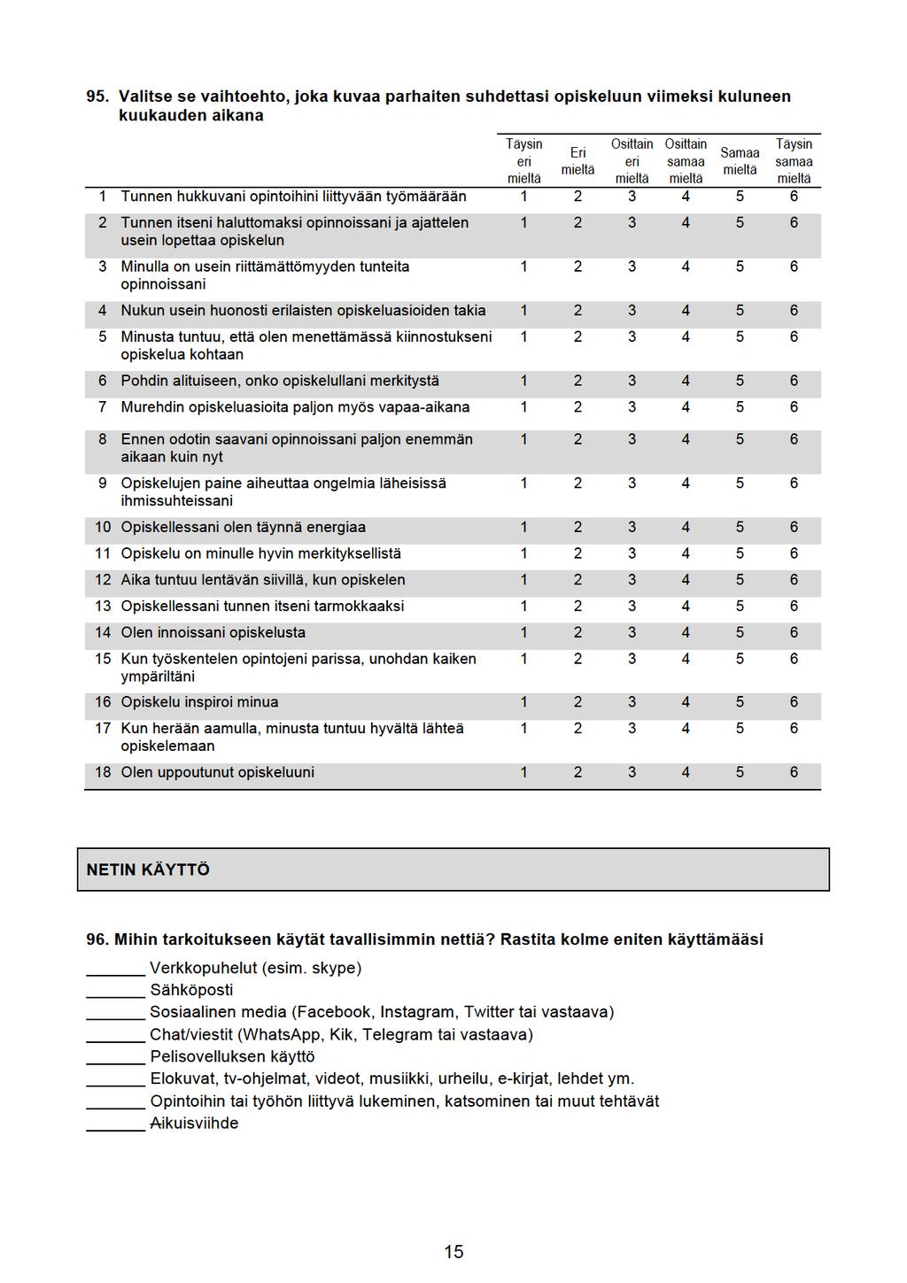 95. Valitsesevaihtoehto,jokakuvaaparhaitensuhdetasiopiskeluunvimeksikuluneen kuukaudenaikana Täysin eri mieltä Eri mieltä Ositain eri mieltä Ositain samaa mieltä Samaa mieltä 1