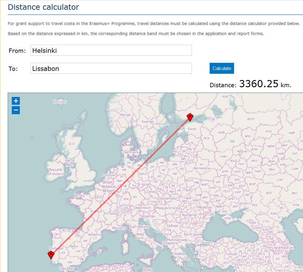 Matkakulujen laskeminen Yhden hengen matka Helsingistä Portugaliin Lissaboniin: Matkan pituus Helsinki- Lissabon 3360,25 km Tuki