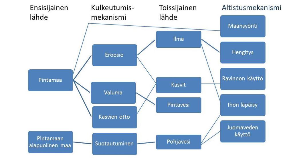 Kuva 10. Haitta-aineiden leviäminen ympäristöön ampumaradalla. Vasemmalla: Kivääriradalla luodit kertyvät taustapenkkaan.