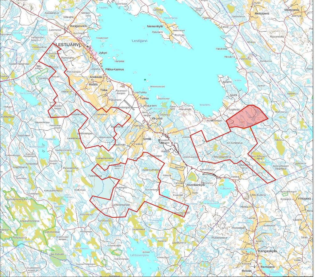 Kuva 1. Lestijärven tuulivimapuistn kknaissayleiskaavan kaikki klme sayleiskaava-aluetta. Is Krtenevan muutsalue n Killisessa ikealla.