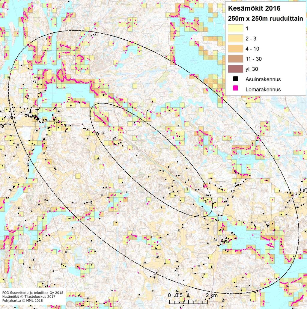 FCG SUUNNITTELU JA TEKNIIKKA OY Loppuraportti 12 (36) Kanavan lähivaikutusalueella (kuvassa 12 isompi ympyrä) on 335 vakituista asuinrakennusta ja 779 lomarakennusta.