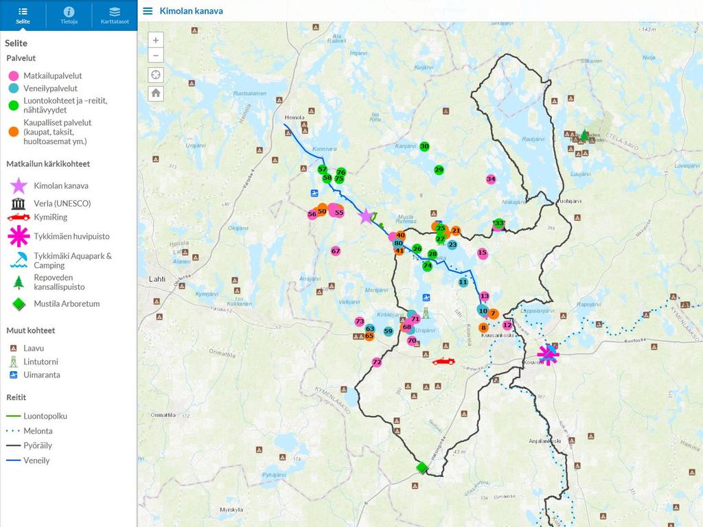 FCG SUUNNITTELU JA TEKNIIKKA OY Loppuraportti 18 (36) Kuva 16: Kimolan kanavan lähialueen palvelut, matkailun kärkikohteet ja reitit (https://fcg.maps.arcgis.com/apps/publicinformation/index.html?