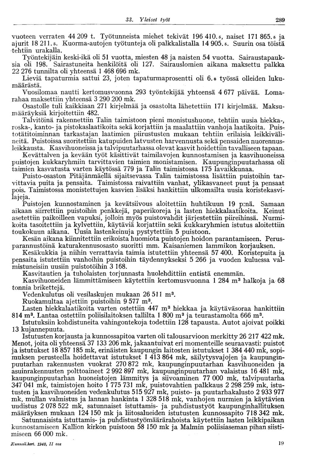 .289 33. Yleiset työt vuoteen verraten 44 209 t. Työtunneista miehet tekivät 196 410.5, naiset 171 865.5 ja ajurit 18 211.5. Kuorma-autojen työtunteja oli palkkalistalla 14 905.5. Suurin osa töistä tehtiin urakalla.