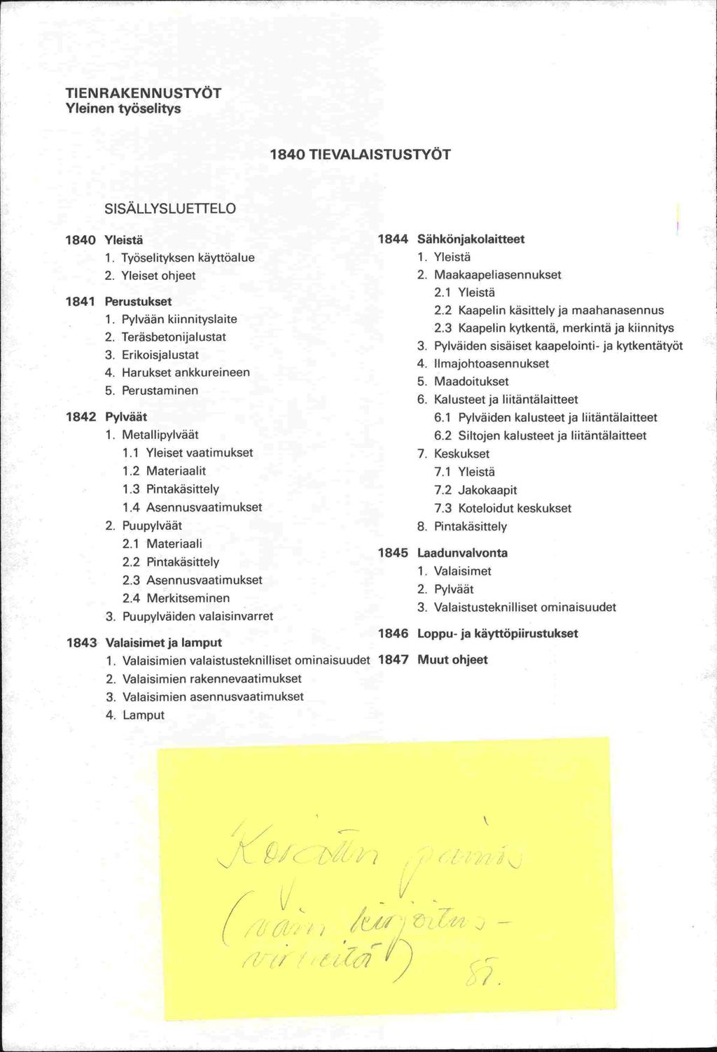 TIEN RAKEN NUSTYÖT Yleinen työselitys 1840 TIEVALAISTUSTYÖT SISÄLLYSLUETTELO 1840 Yleistä 1 Työselityksen kayttöalue 1844 Sähkönjakolaitteet 1. Yleistä 2. Yleiset ohjeet 2. Maakaapeliasennukset 2.