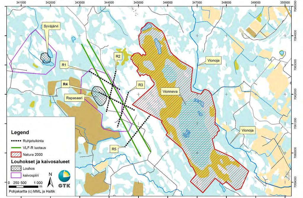 GEOLOGIAN TUTKIMUSKESKUS Rapasaari Kalliopohjavesi 6 Kahden linjan käytön tarkoituksena oli saada mahdollinen ruhjevyöhyke tunnistettua kahdesta kohtaa, jotta ruhjevyöhykkeen kulku pystytään