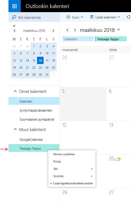 Valikosta voit poistaa kalenterin, valita sille eri värin tai nimetä kalenterin uudestaan.