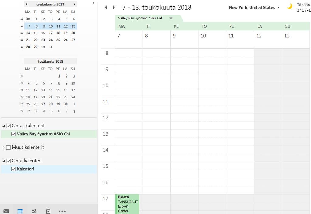 5. Tilaamasi Internet-kalenteri ilmestyy Outlookin kalenteriisi omana kalenterinäkymää. 6.