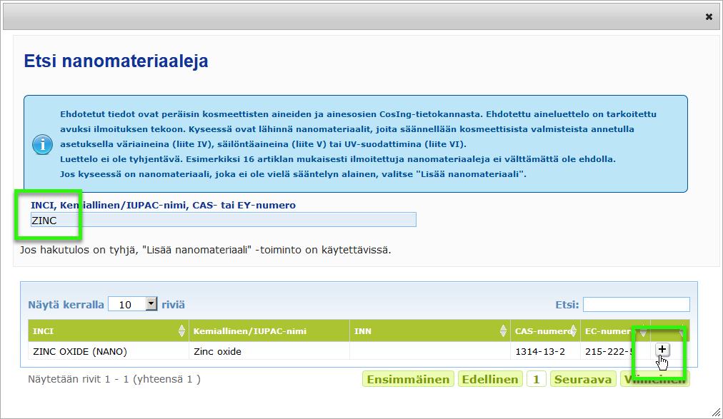 Toiminto näyttää kaikki vastaavat osumat CosIng-tietokannasta.