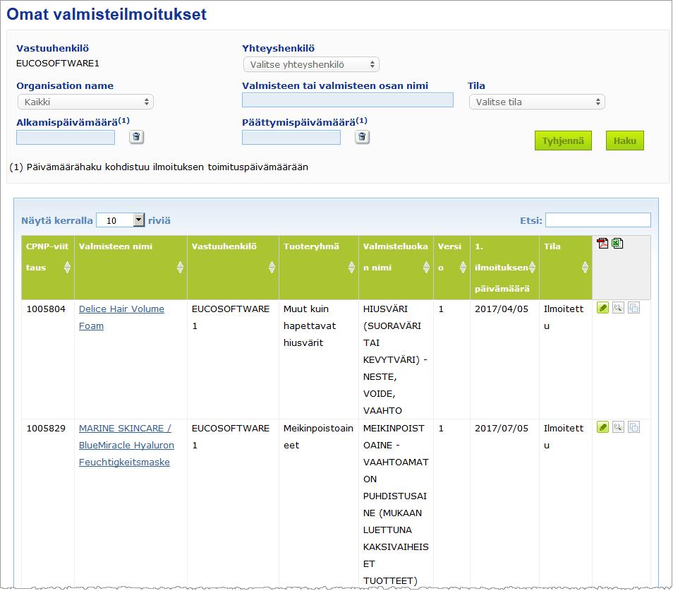 Valmisteilmoitusten jatkotoimien varmistaminen Valmisteet-valikon Omat ilmoitukset -vaihtoehdon avulla vastuuhenkilö saa nopeasti ja helposti katsauksen omista valmisteistaan jatkotoimia ja