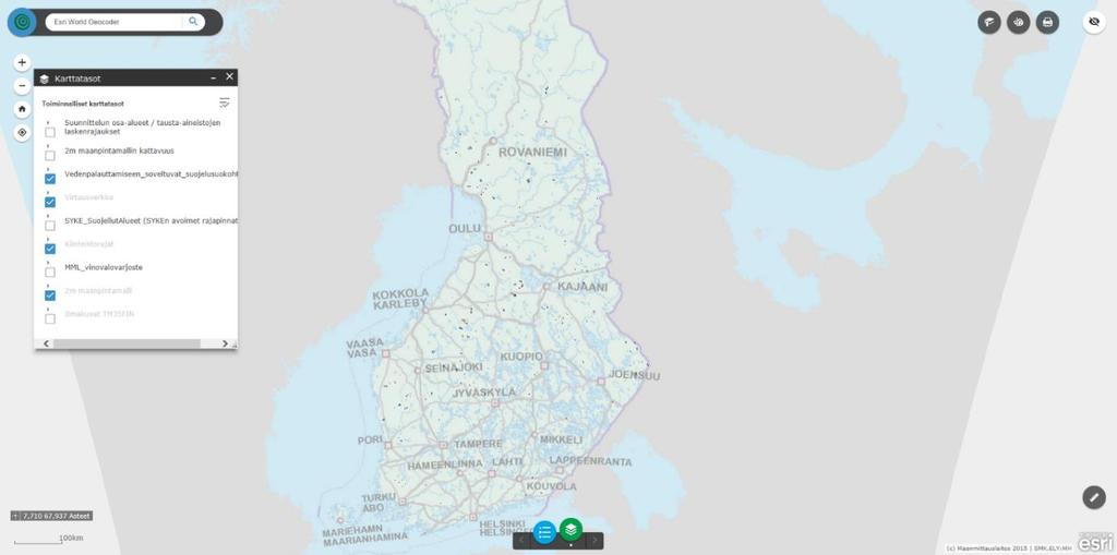 Kuva 6. Osalle karttatasoista on määritelty mittakaavaraja, jolla ne näkyvät kartalla. Piirtoon tulevat karttatasot näkyvät luettelossa tummina. 5.4 