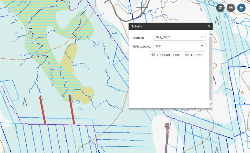 Vaihe 5. Kartta voidaan tallentaa (tulostaa) esim. PDF-dokumenttina omalle työasemalle ja lähettää Metsähallitukselle alustavana vedenpalautttamissuunnitelmana (ks. toimintamallin ohjeistus, vaihe 1).