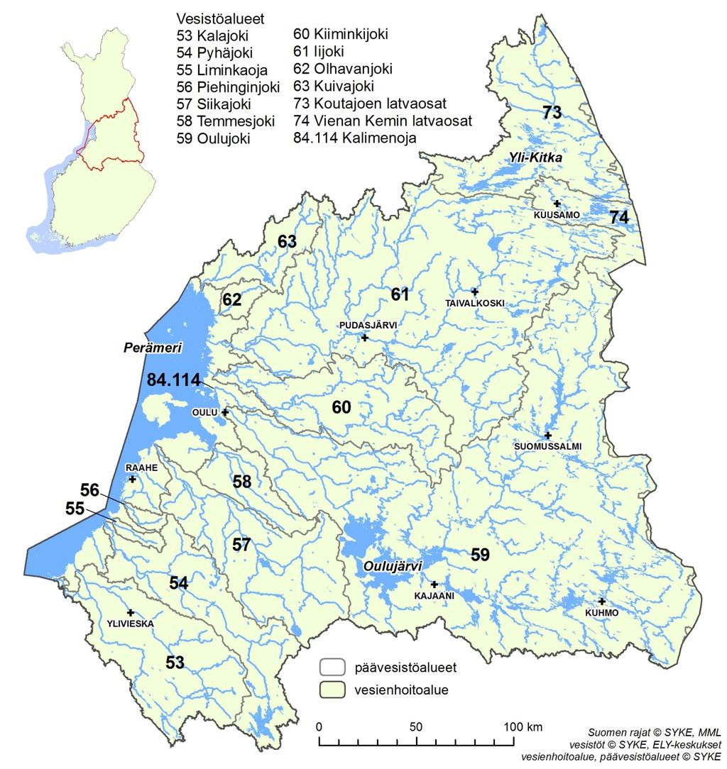 2 Vesienhoitoalueen yleiskuvaus 2.1 Luonnonolot, maankäyttö ja asutus Oulujoen - Iijoen vesienhoitoalue ulottuu Perämeren rannikolta valtakunnan itärajalle (kuva 2.1).